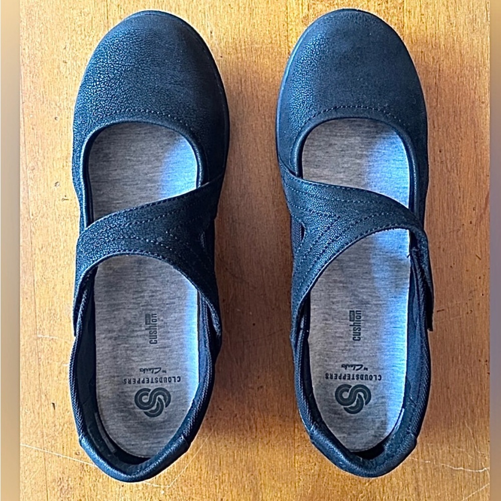 Clarks Cloudsteppers Bella Mary Jane Flats Soft Black Lightweight Comfort Sz 9
